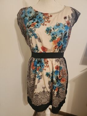 Floral Dress in Cream, Turquoise and Orange